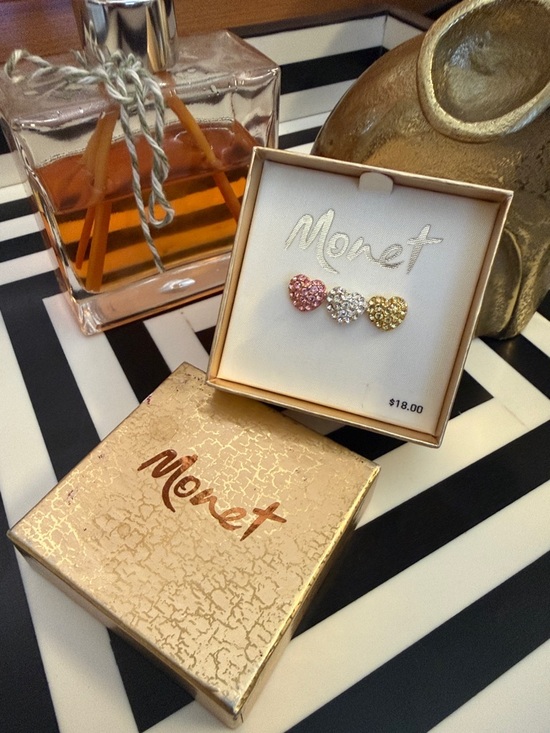 Monet Jewelry - Monet Three Heart Crystal Pin- Pink, Silver, Gold